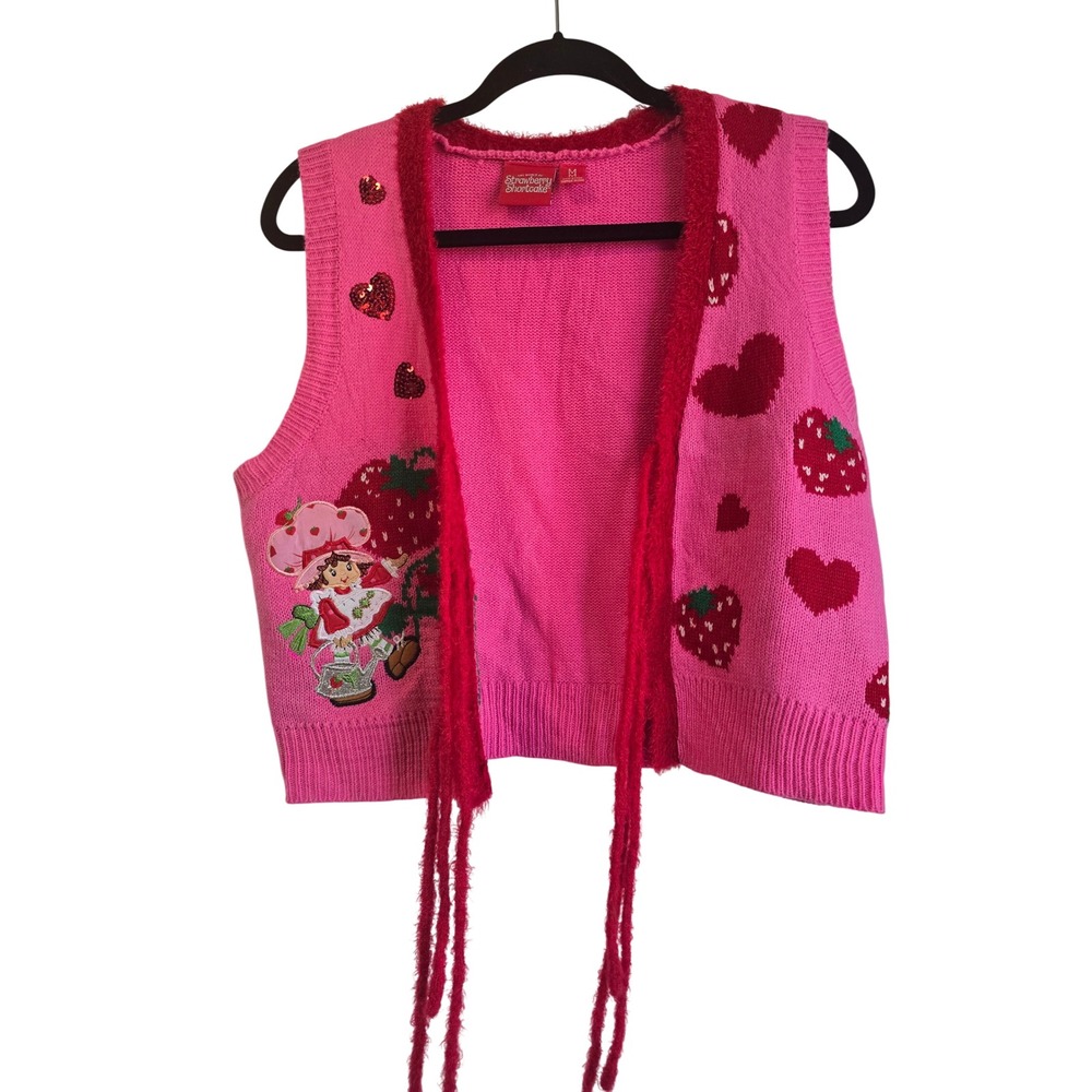 NWOT Strawberry Shortcake Pink Knit Sweater Vest Embroidered Heart Sequin Med - Picture 8 of 14